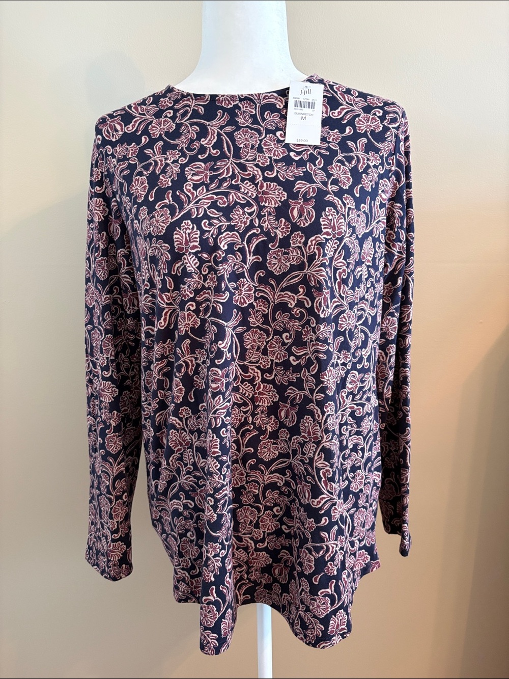 J. Jill Navy Long-Sleeve Top with Pink Floral Vine Print